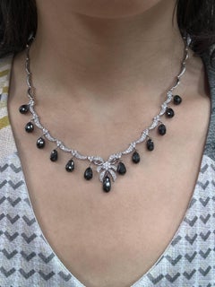 18K White Gold White Diamond and Briolette Black Diamond Bow Necklace