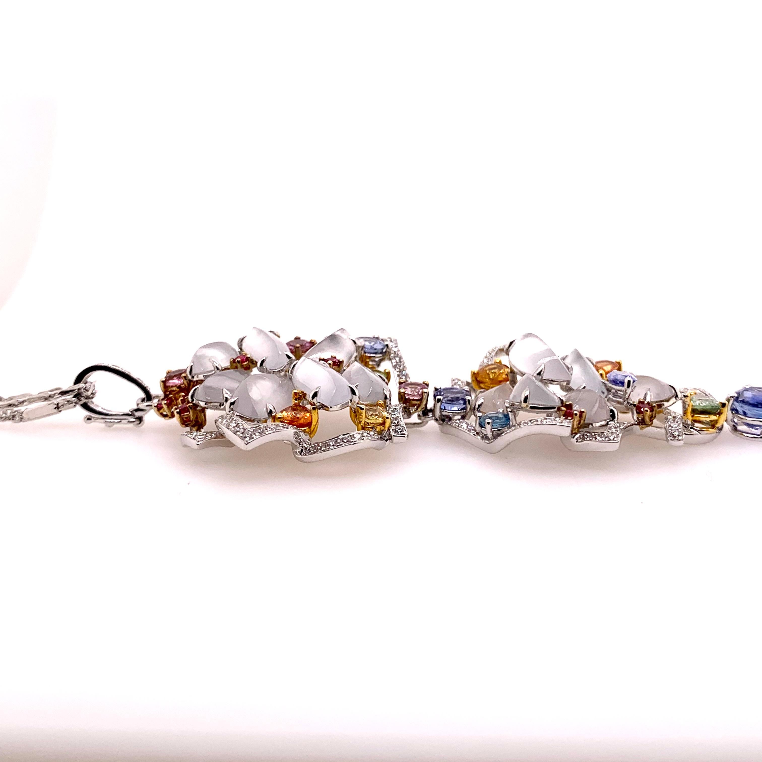 Women's or Men's 18k White Gold White Jadeite Double Pendant with Diamonds & Sapphires For Sale