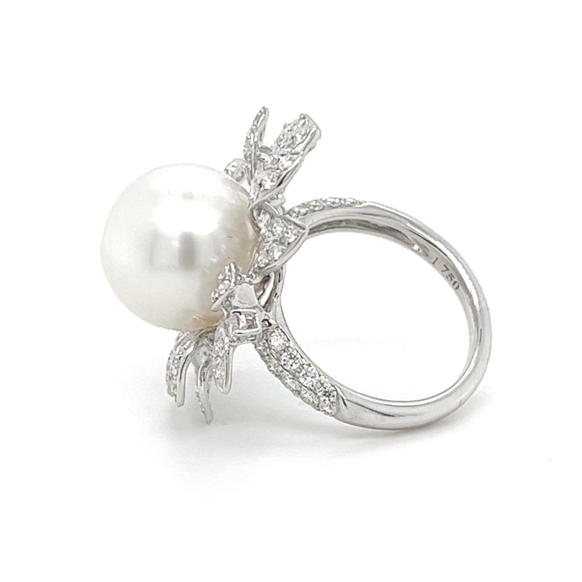 Modern 18K White Gold White Pearl Ring with Diamonds For Sale