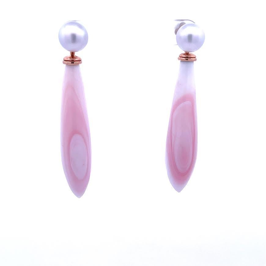 Briolette Cut 18k White Gold White Pearl Studs with modular 18k Rose Gold Conch Jackets For Sale