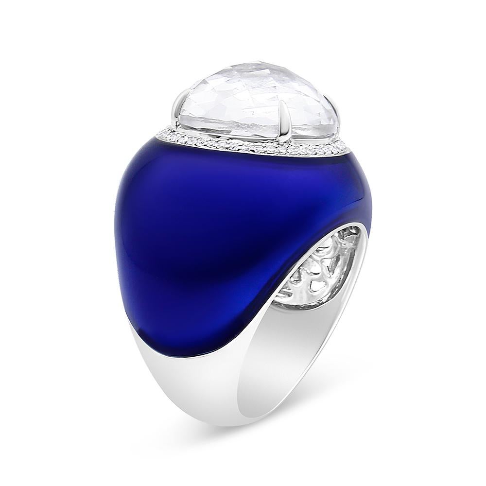 Contemporary 18K White Gold White Quartz and 1/5 Cttw Diamond Halo with Blue Enamel Dome Ring For Sale