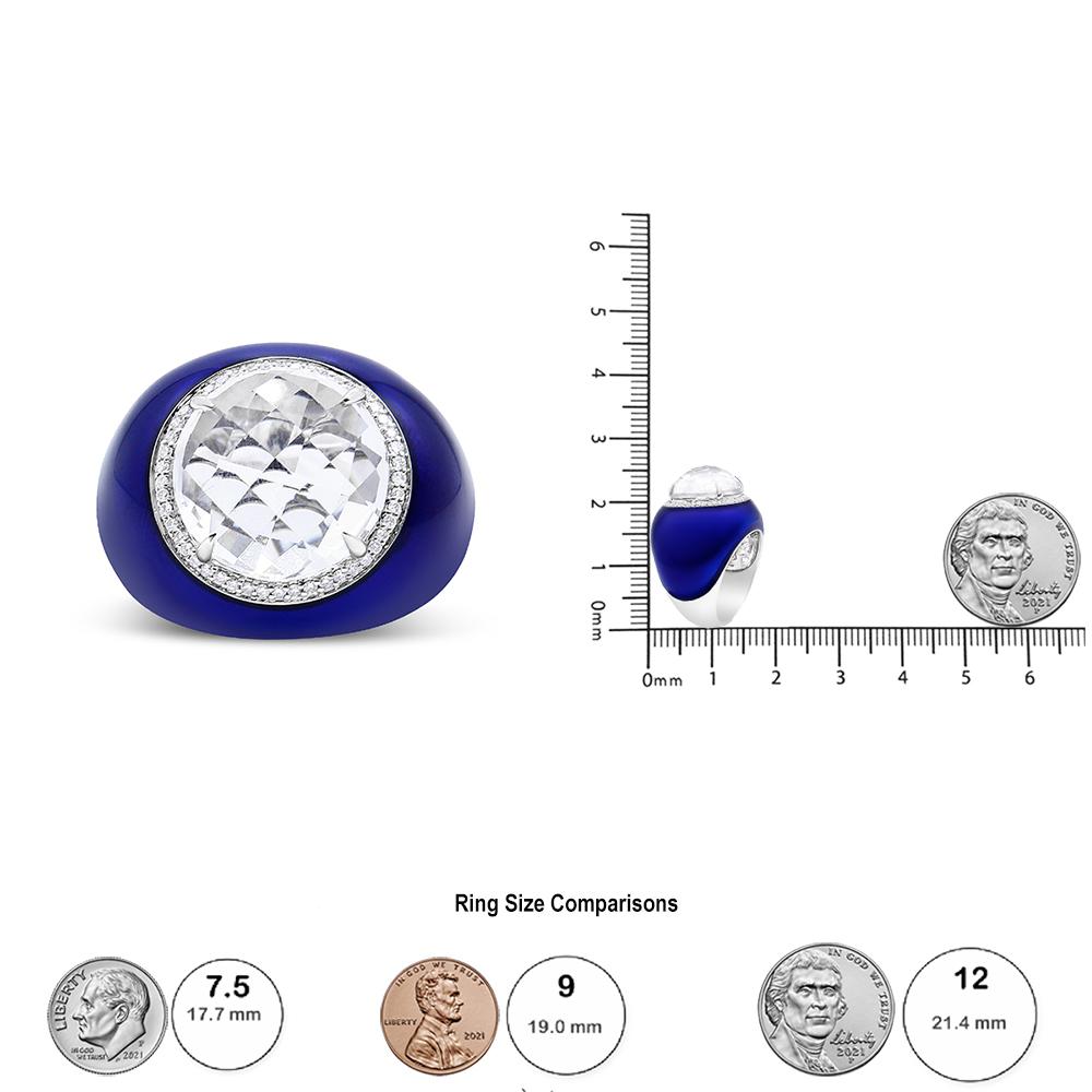 18K White Gold White Quartz and 1/5 Cttw Diamond Halo with Blue Enamel Dome Ring In New Condition For Sale In New York, NY