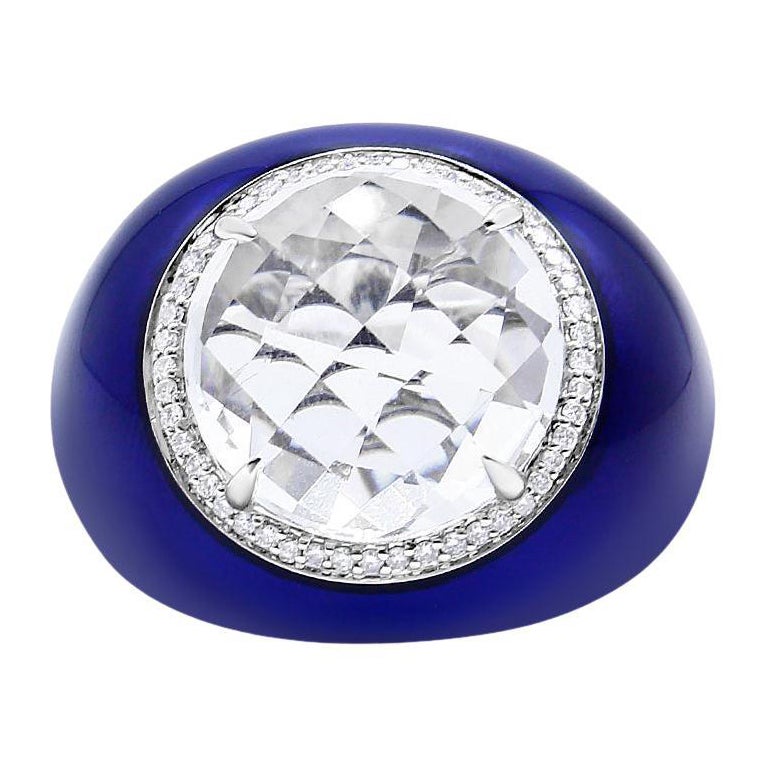 18K White Gold White Quartz and 1/5 Cttw Diamond Halo with Blue Enamel Dome Ring in vendita