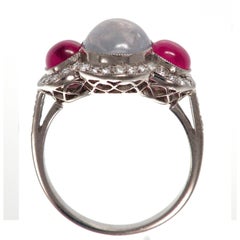 18 Karat White Gold White Sapphire Diamond and Ruby Stones Ring