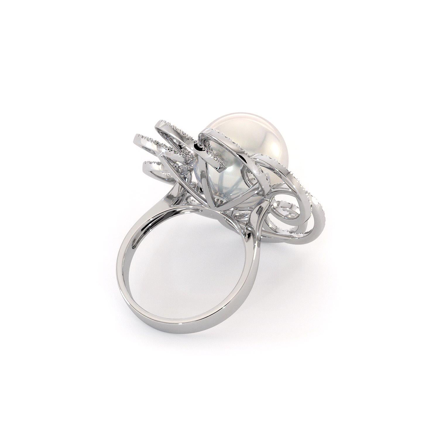 For Sale:  18K White Gold White South Sea Pearl Diamonds Ring by Emilia Lekarrier Certified 4