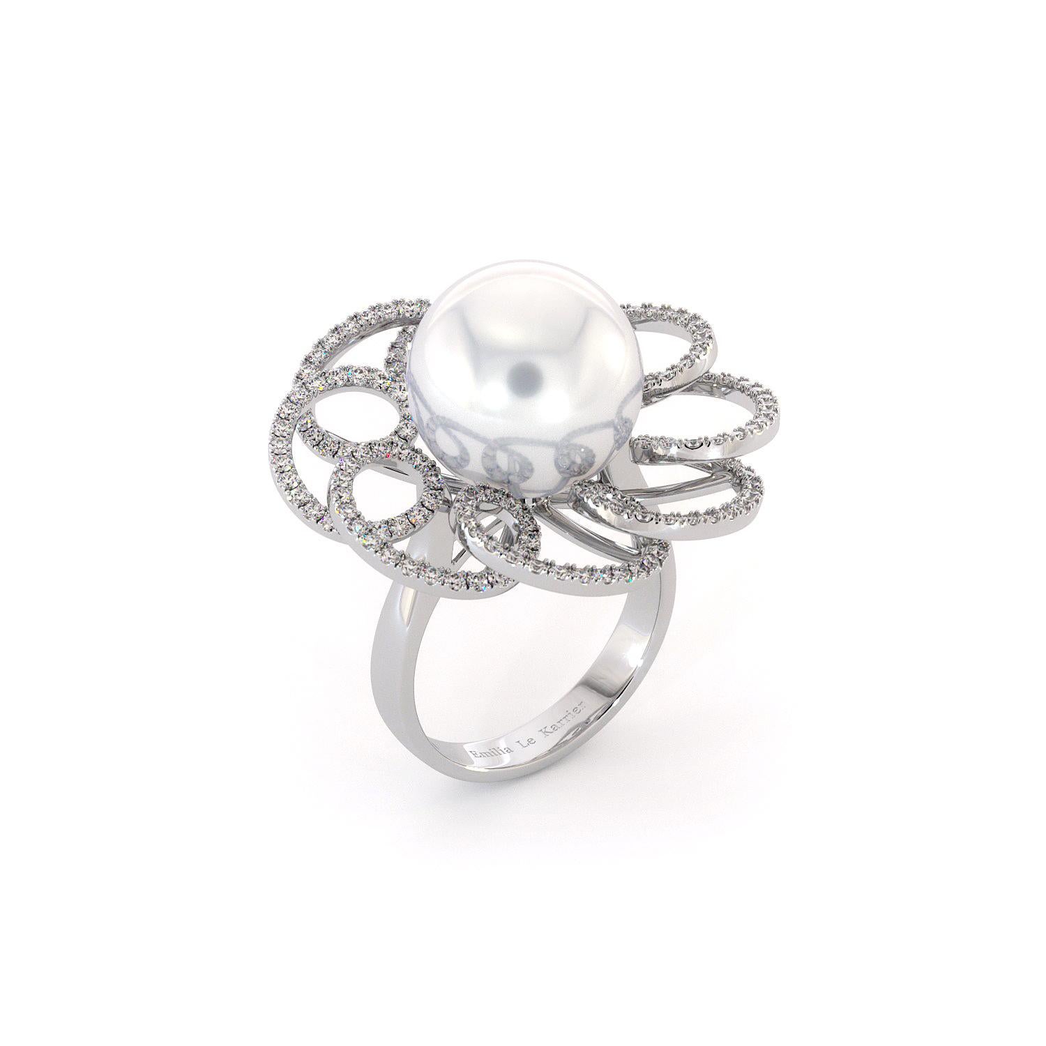 For Sale:  18K White Gold White South Sea Pearl Diamonds Ring by Emilia Lekarrier Certified 5