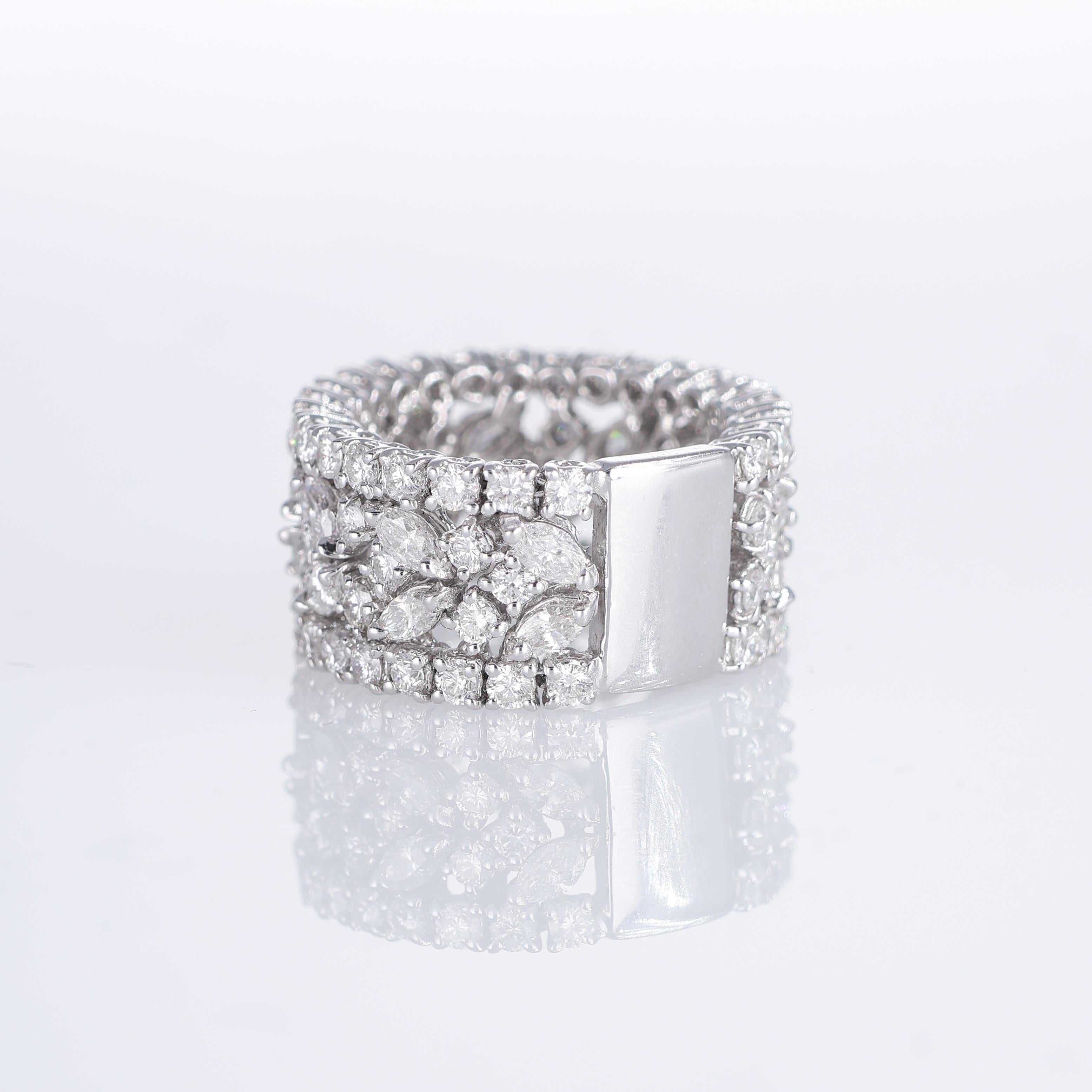 Brilliant Cut 18K White Gold Wide Band Ring with Marquise and Brilliant-Cut Diamonds For Sale
