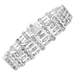 18K White Gold Wide Multirow Bracelet 9.88 Ct Round & Baguette Natural Diamonds