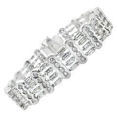 18K White Gold Wide Multirow Bracelet 9.88 Ct Round & Baguette Natural Diamonds