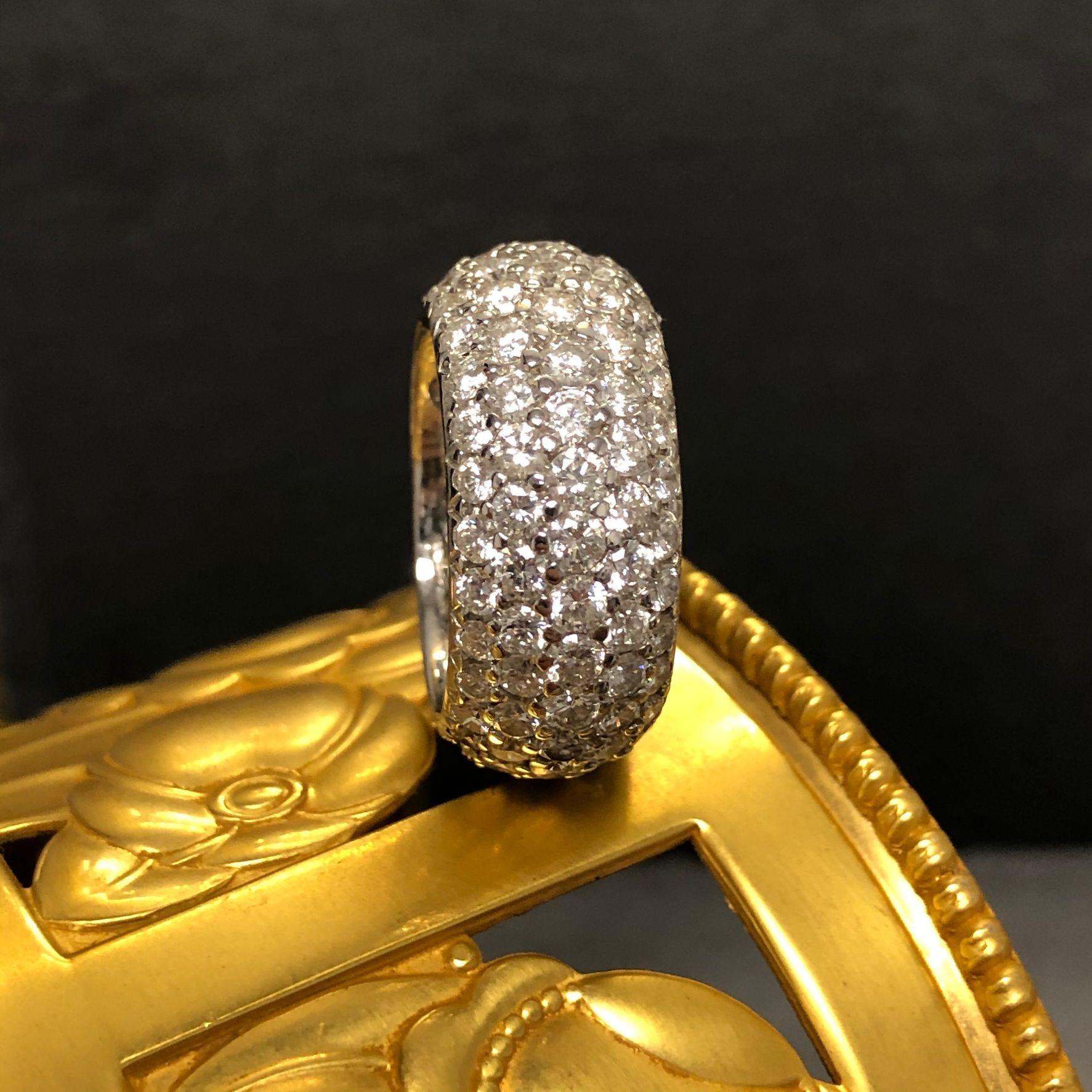 Contemporary 18K White Gold Wide Pavé Diamond Band For Sale