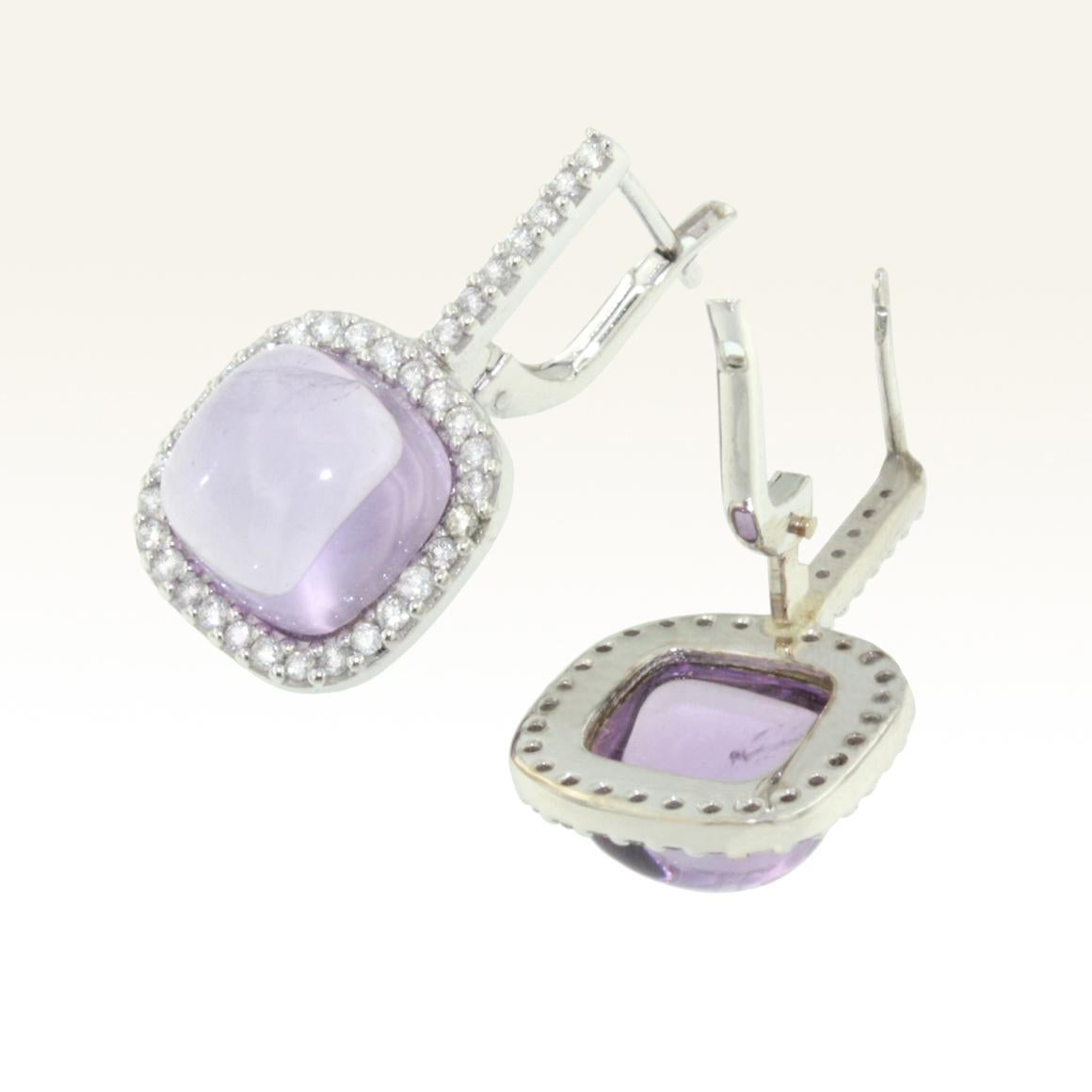 Cabochon 18 Karat White Gold With Amethyst and White Diamond Earrings For Sale