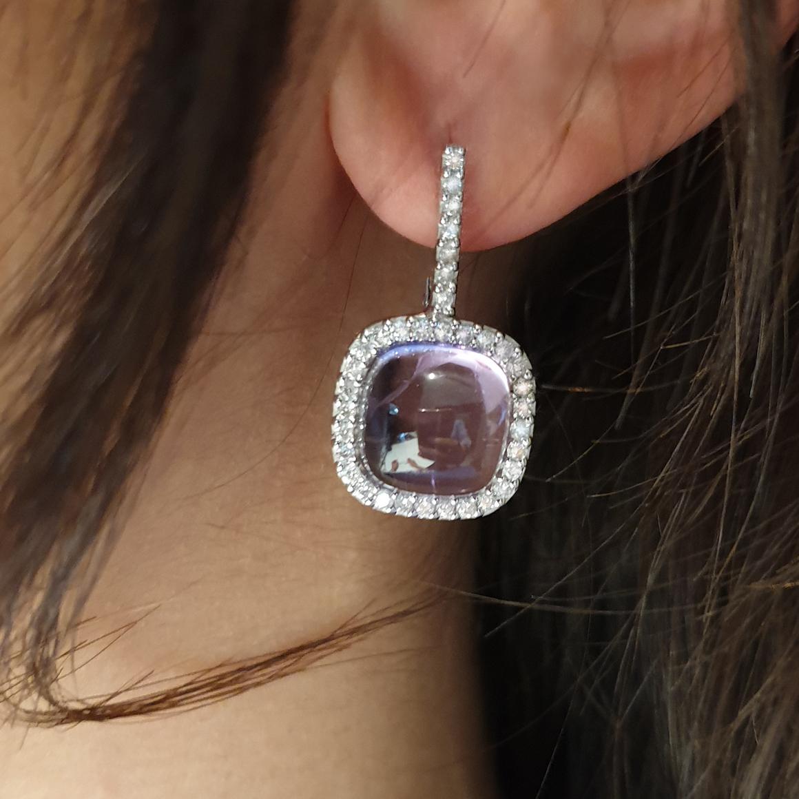  Elegant design earrings  that lend a class to just any outfit , made in Italy by Stanoppi Jewellery.
Earrings in 18k white gold with Amethyst (square cabochon cut, size: 10x10 mm) and white Diamonds cts 0,85 VS colour G/H.   g.7,30

(Possibility to