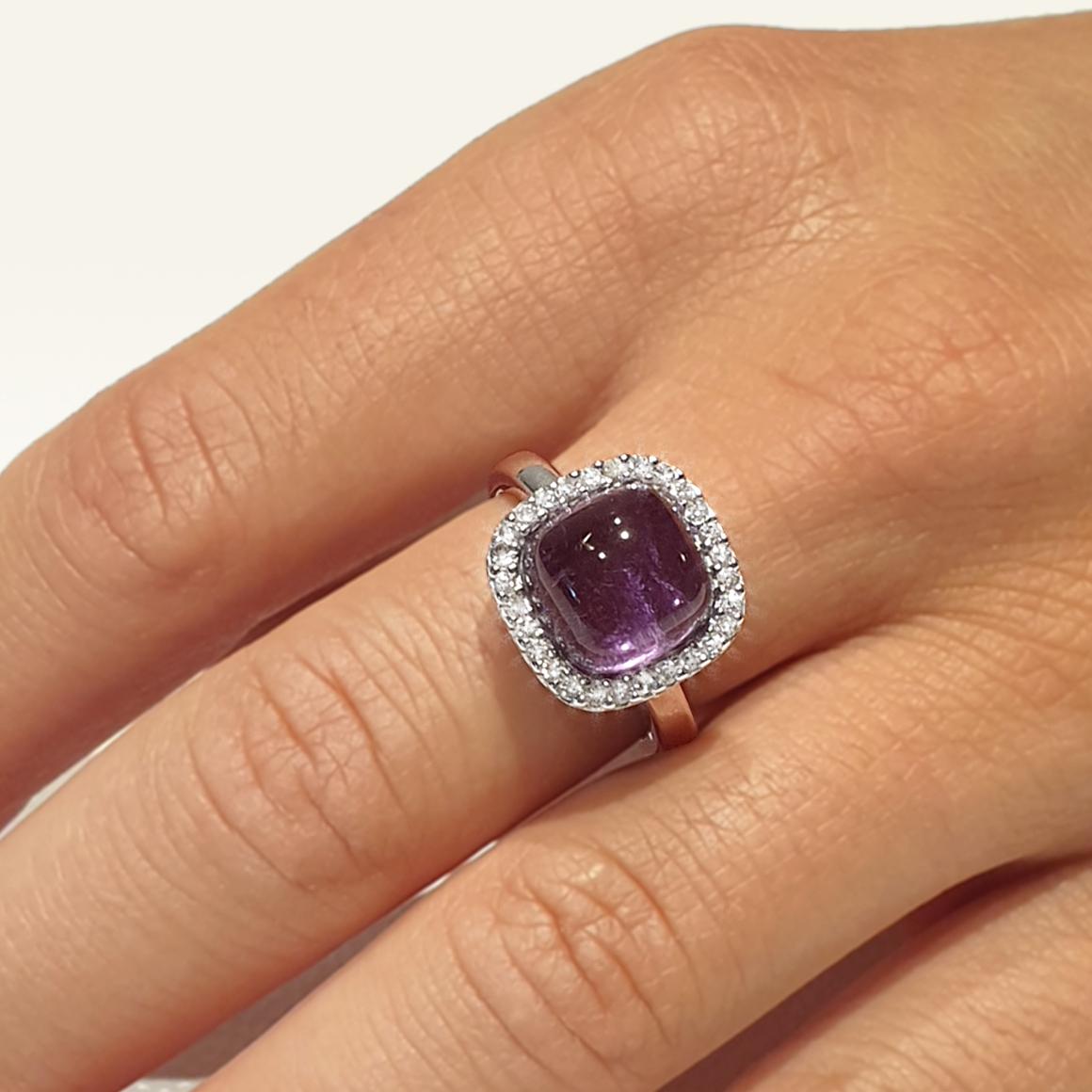 Ring in 18k white gold with Amethyst (square cabochon cut, size: 10x10 mm) and white Diamond cts 0,35 VS colour G/H.
 Beautiful colored stone that enhance the elegance and refinement of the ring. Made in Italy by Stanoppi Jewellery since 1948.

Size