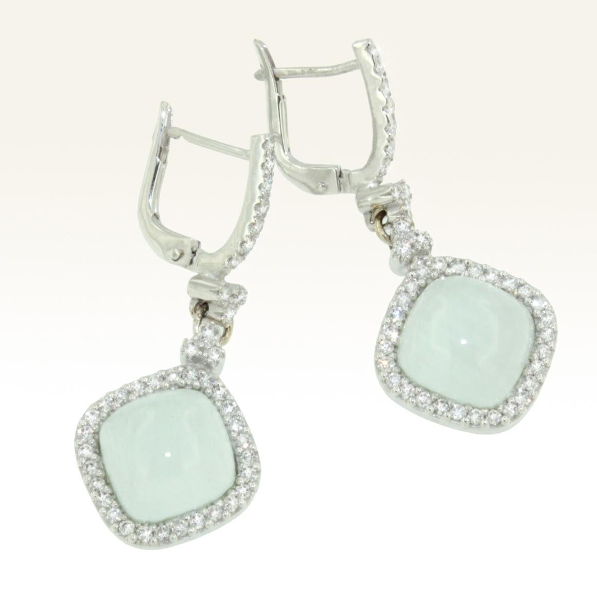Cabochon 18 Karat White Gold with Aquamarine Milk and White Diamond Earrings For Sale