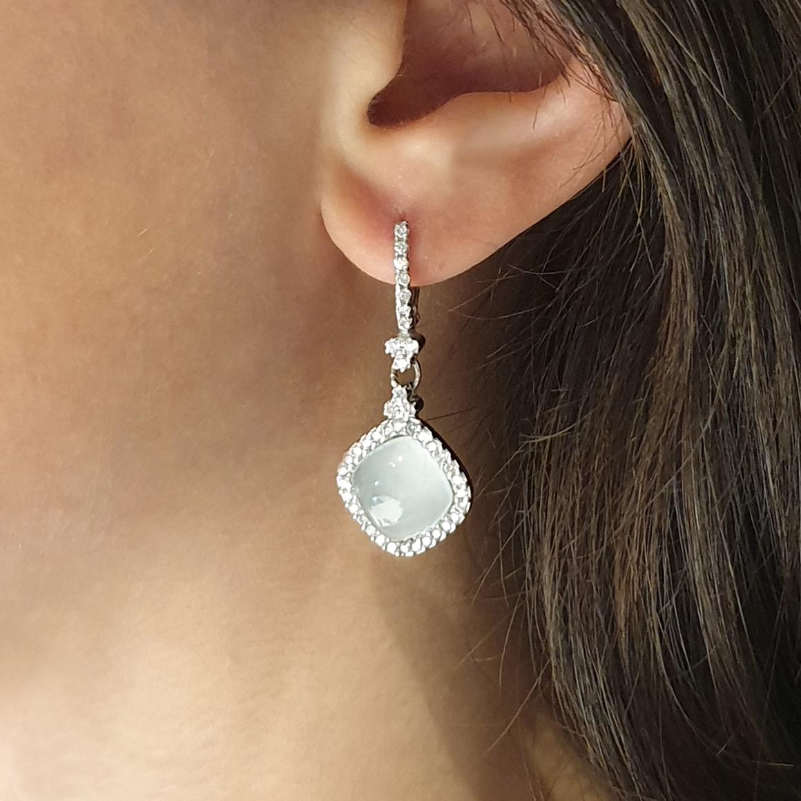  Elegant design earrings that lend a class to just any outfit , made in Italy by Stanoppi Jewellery.   Beautiful colored stones that enhance the elegance and refinement of the jewel.
Earrings in 18k white gold with Aquamarine Milk (square cabochon