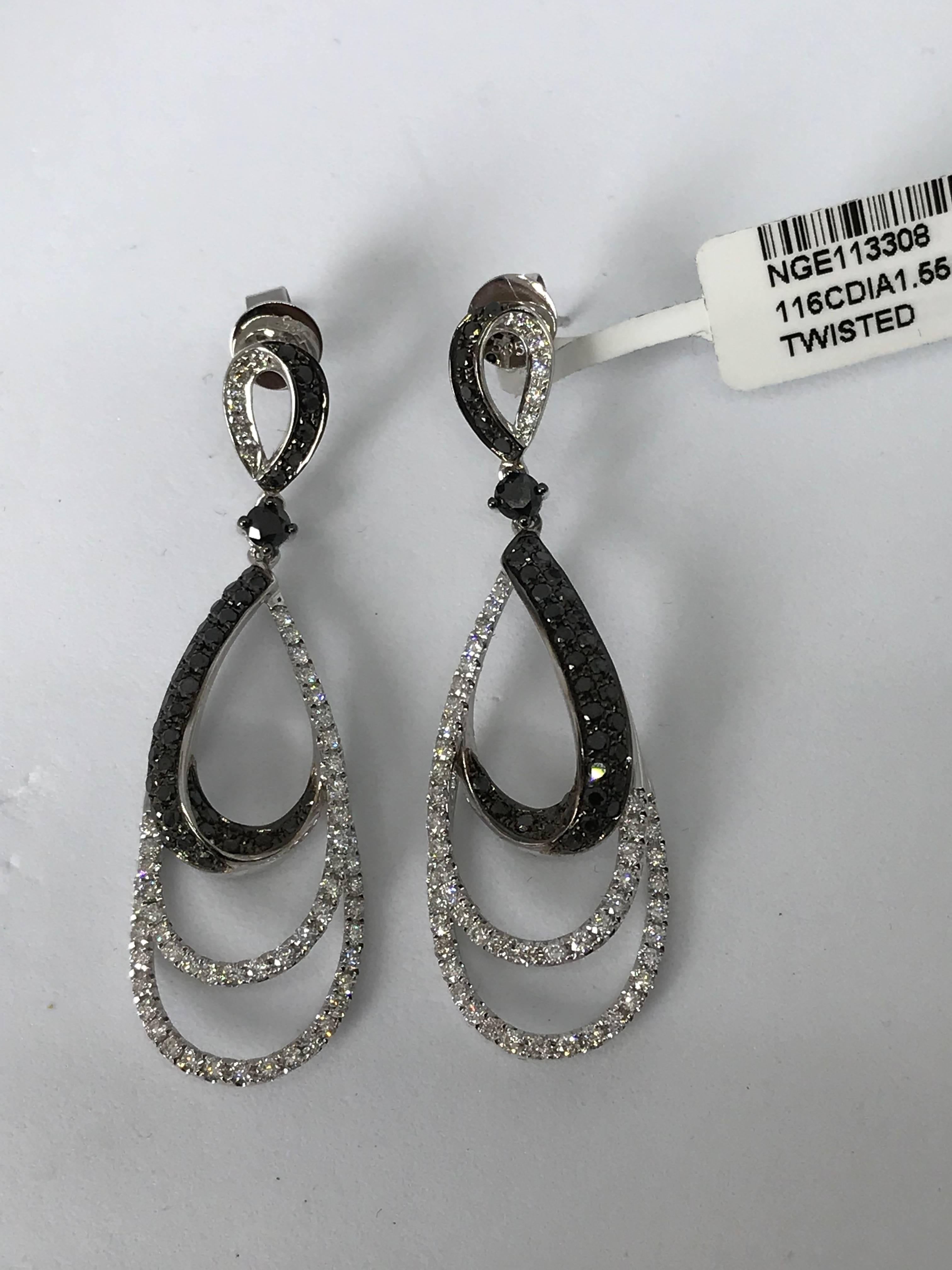 18k White Gold with black and white Diamond Twisted Earring For Sale 1