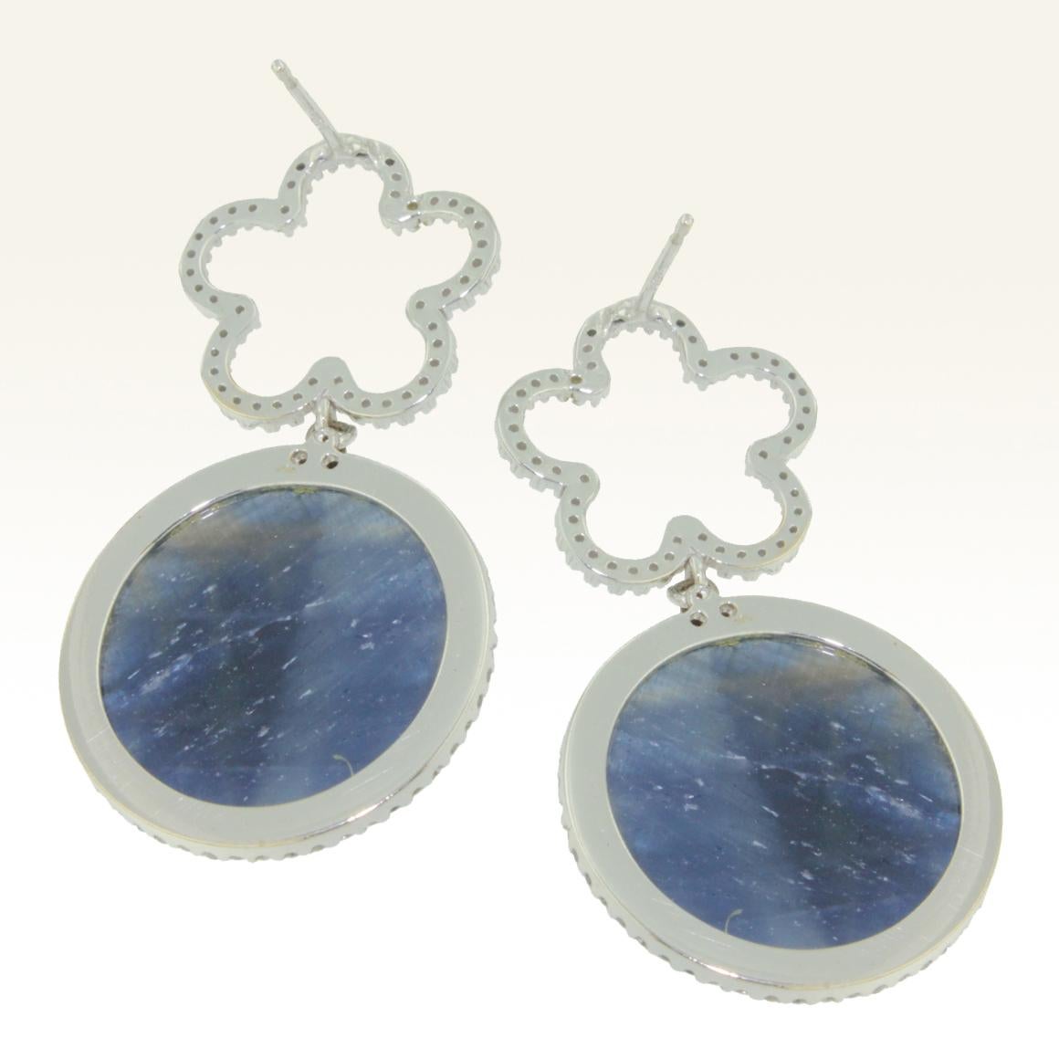 Round Cut 18 Karat White Gold with Blue Sapphire and White Diamonds Earrings