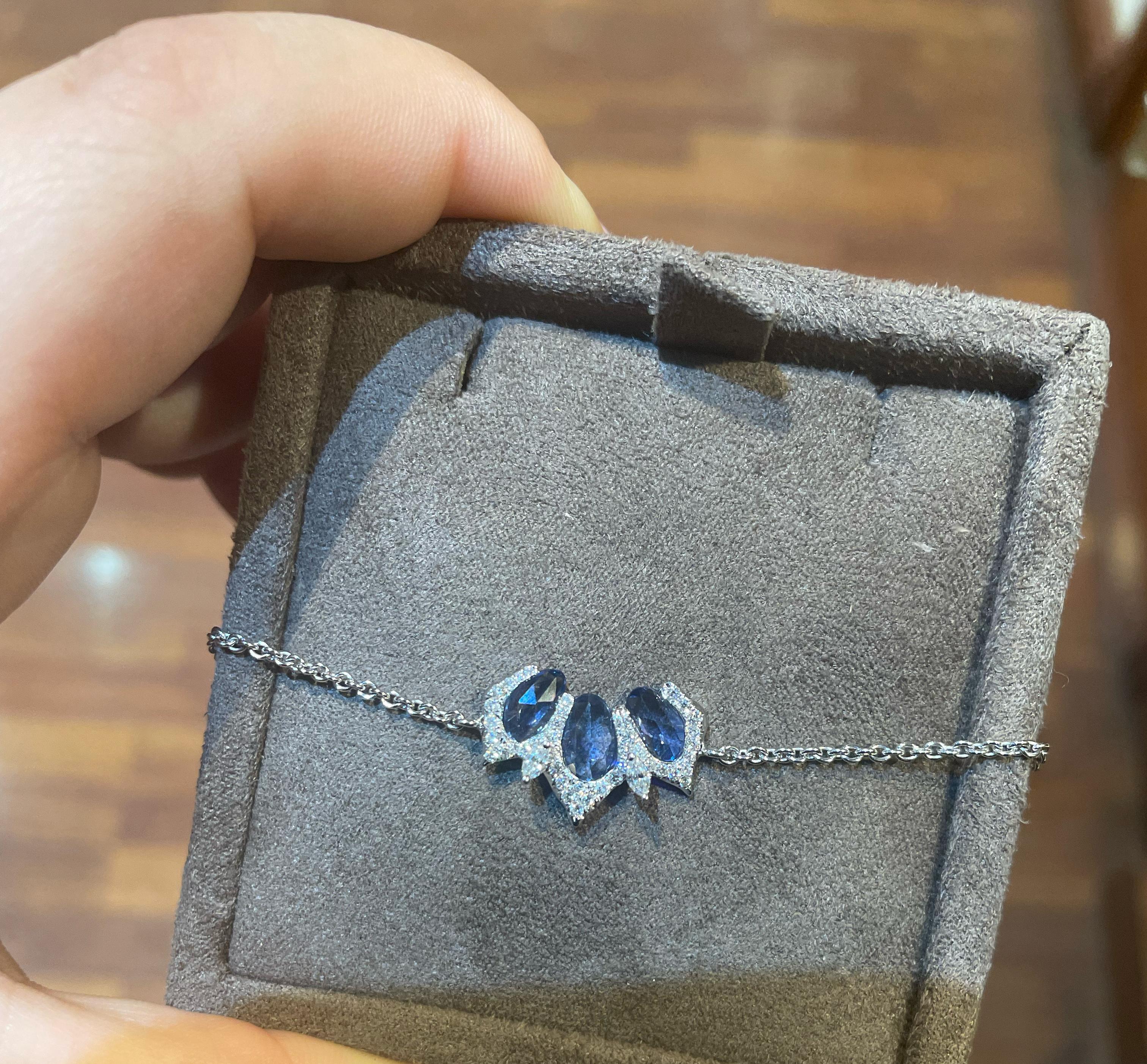 Art Deco 18k White  Gold with Blue Sapphires and Round Cut Diamonds For Sale