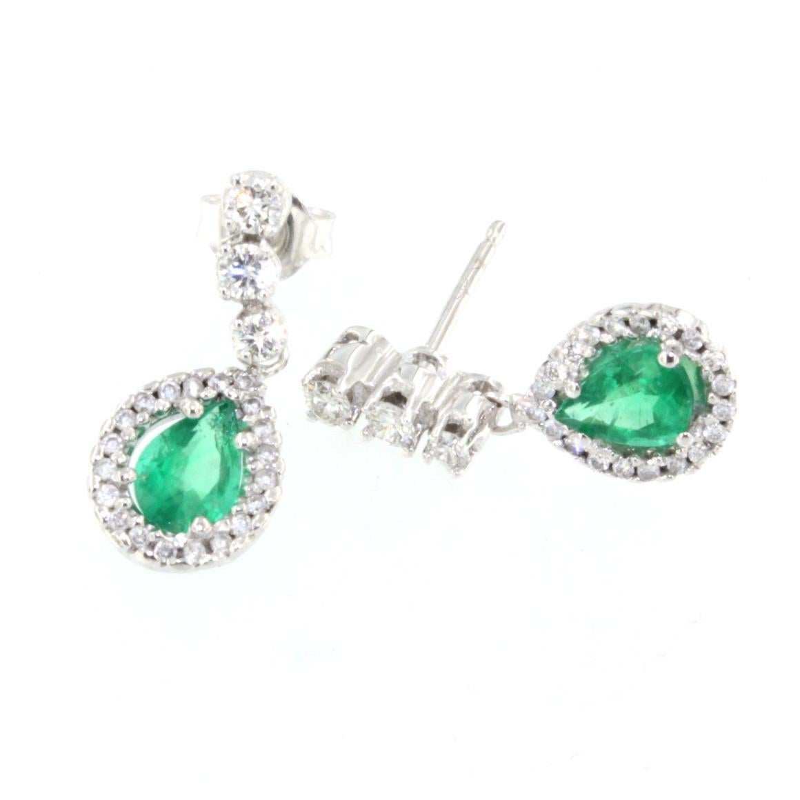 Emerald Cut 18k White Gold with Emerald and White Diamonds Earrings For Sale