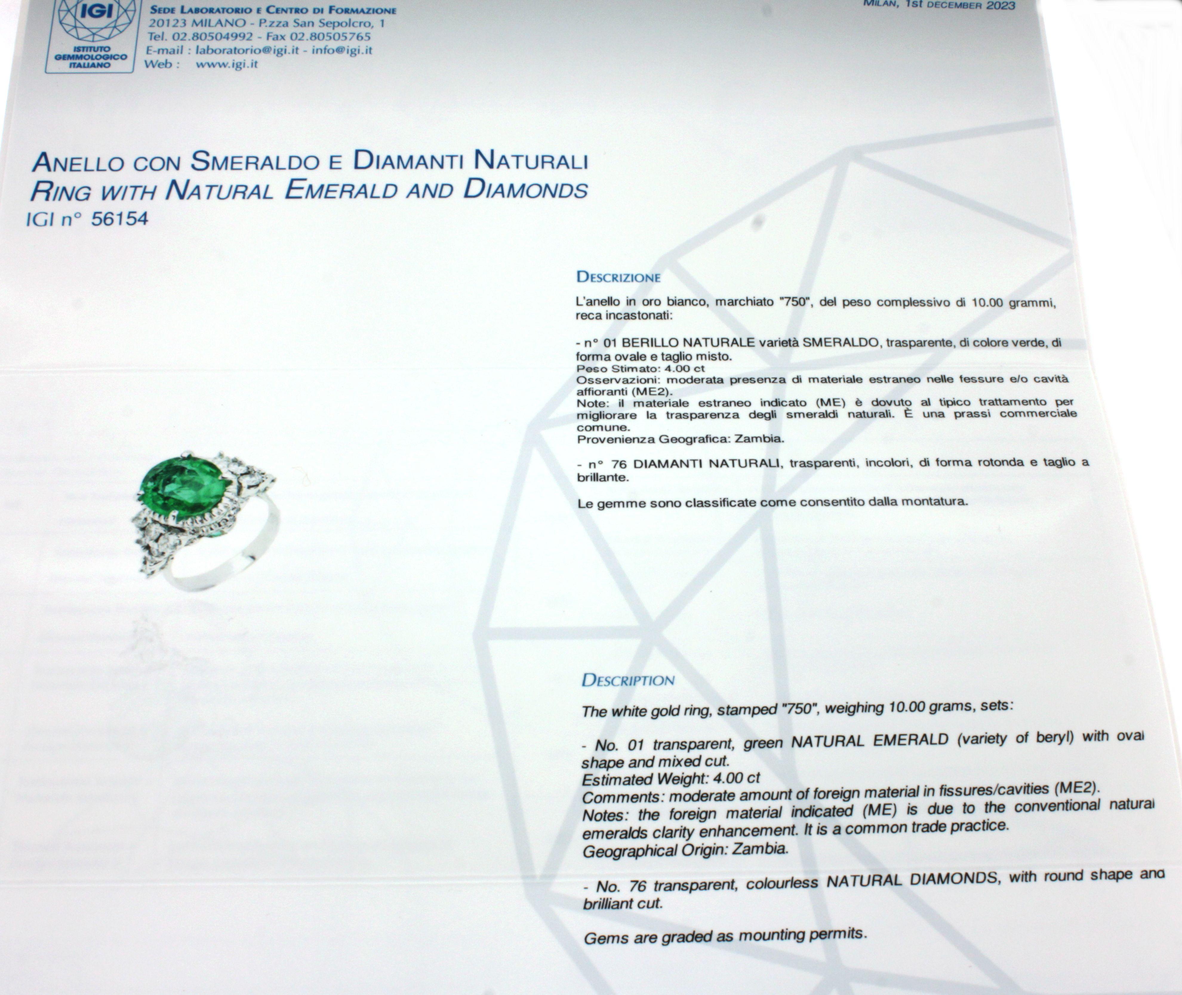 18k White Gold with Certificate Emerald and White Diamonds Engagement Ring For Sale 8