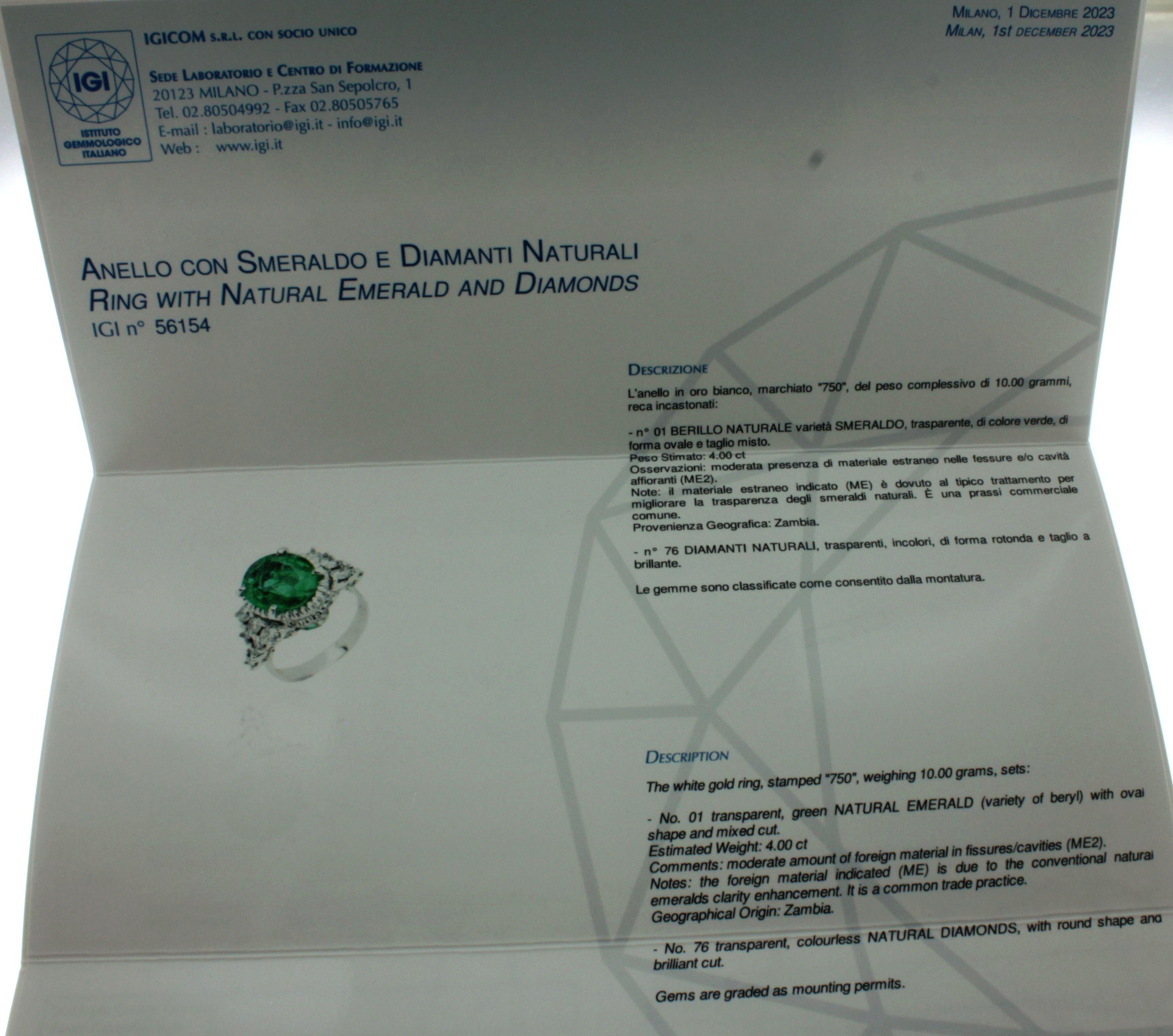 18k White Gold with Certificate Emerald and White Diamonds Engagement Ring For Sale 9