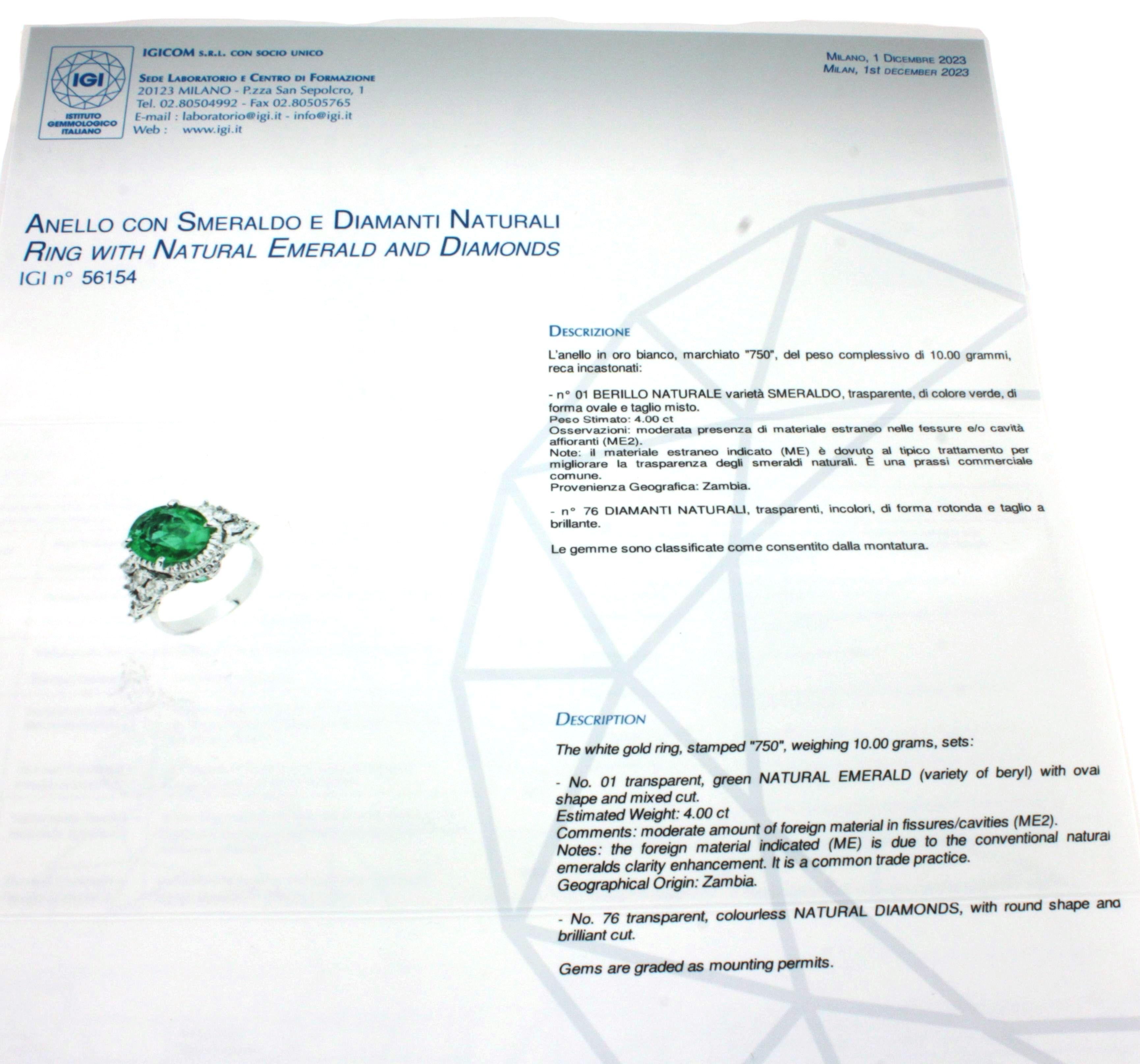 18k White Gold with Certificate Emerald and White Diamonds Engagement Ring For Sale 12