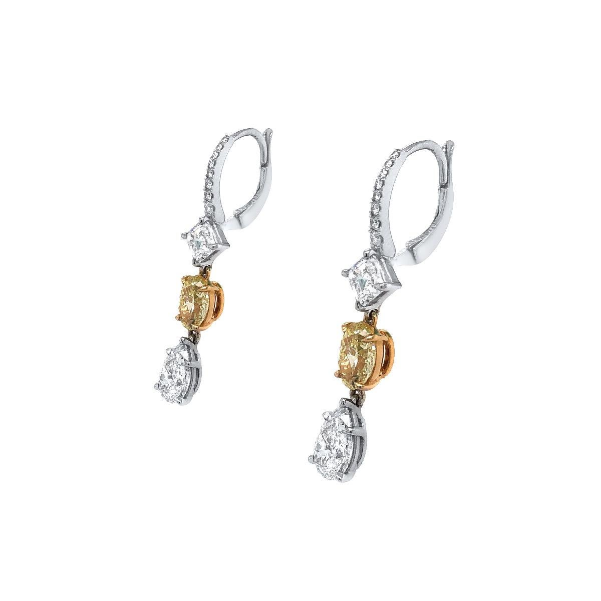 Women's 18 Karat White Gold with Fancy Yellow Diamond Drop Earring For Sale