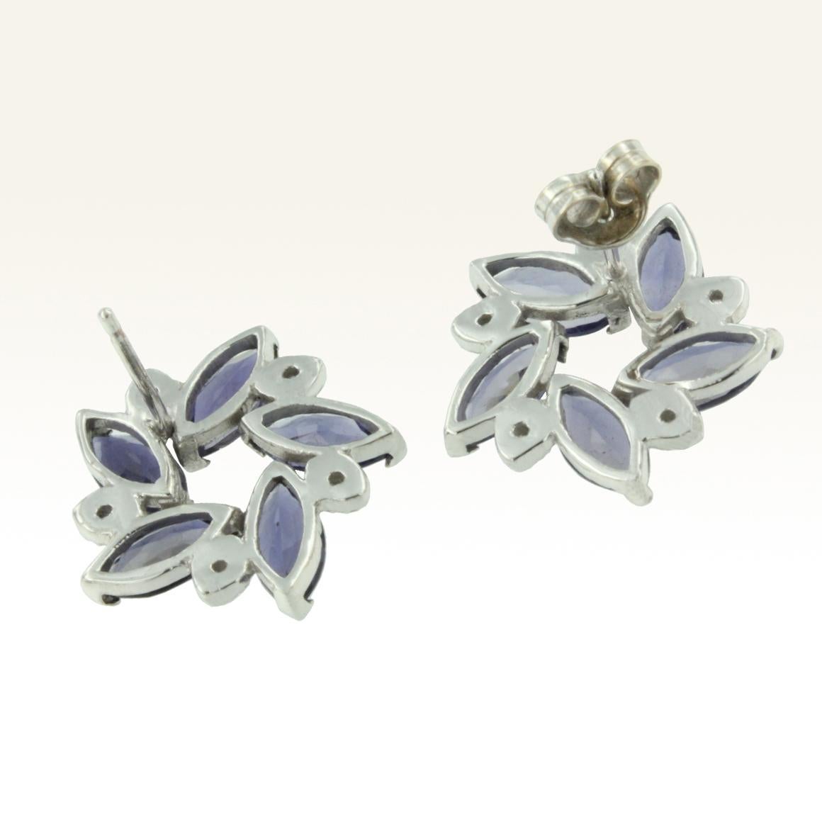 Rose Cut 18 Karat White Gold with Iolite and White Diamonds Earrings For Sale