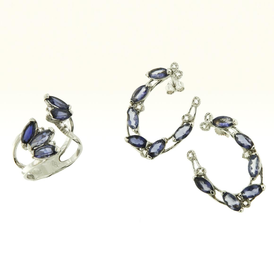 Women's or Men's 18 Karat White Gold with Iolite and White Diamonds Earrings For Sale