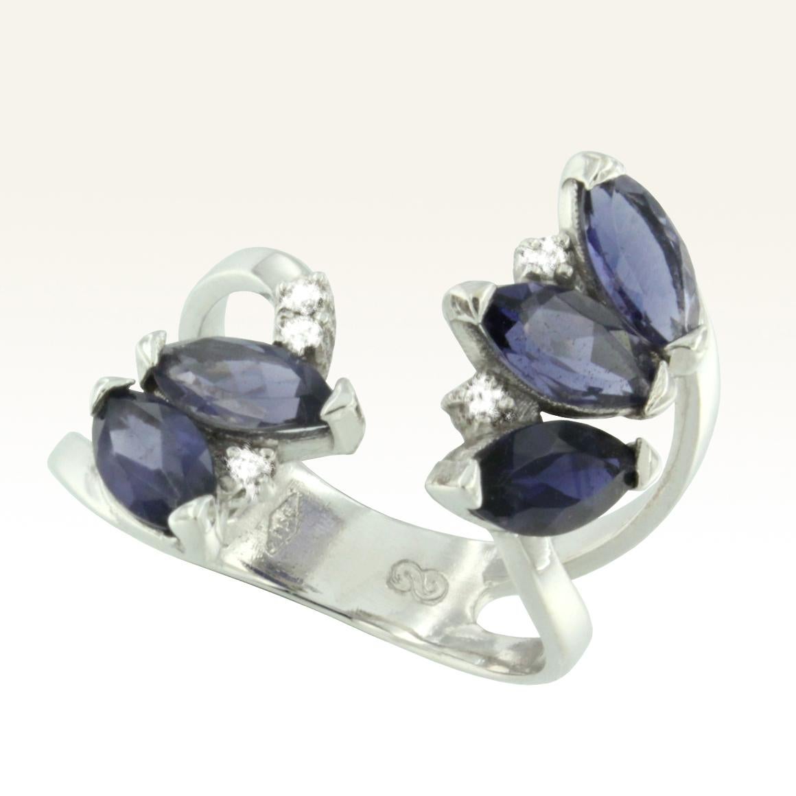 Modern 18 Karat White Gold with Iolite and White Diamonds Ring For Sale