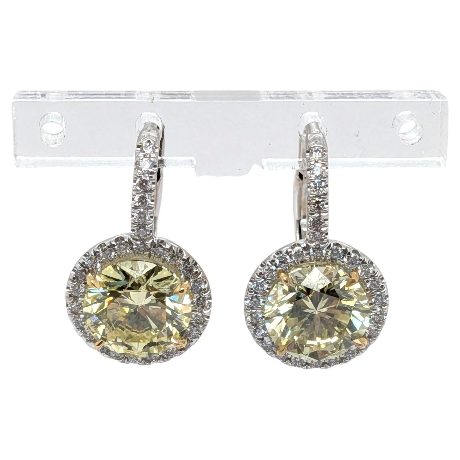 18k White Gold with Natural Round Vivid Fancy Yellow Diamond Drop Earrings