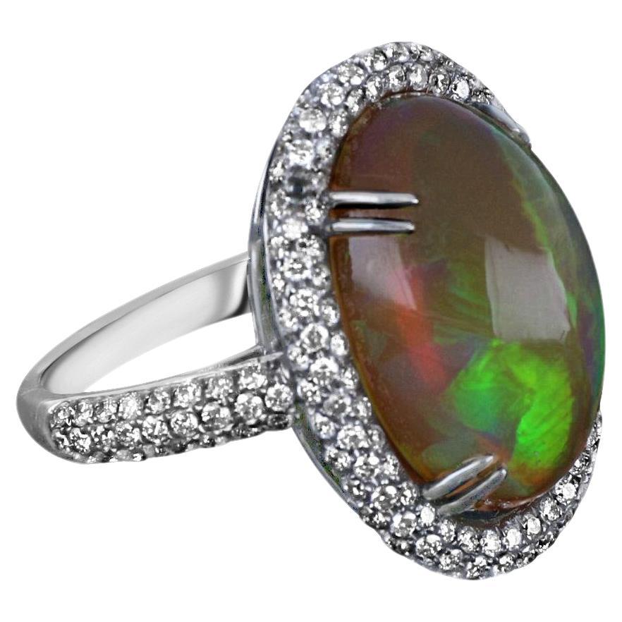 18k White Gold with Opal Stone and Round Cut Diamonds For Sale