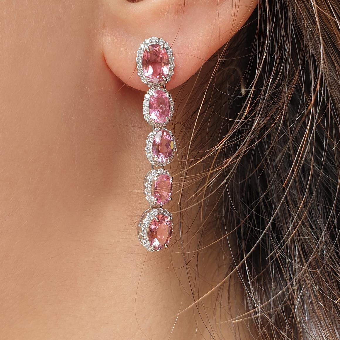 Oval Cut 18 Karat White Gold with Pink Tourmaline and White Diamond Earrings For Sale