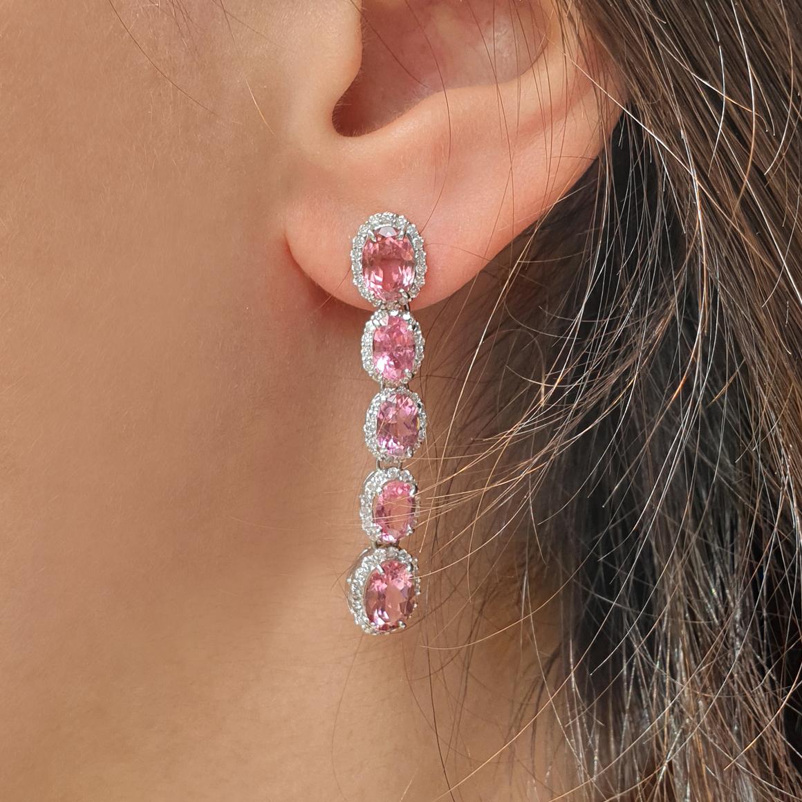 18 Karat White Gold with Pink Tourmaline and White Diamond Earrings For Sale 2