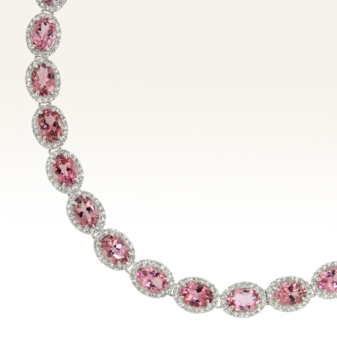Oval Cut 18 Karat White Gold with Pink Tourmaline and White Diamond Necklace