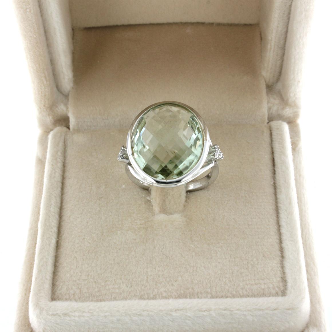 Women's or Men's 18k White Gold with Prasiolite and White Diamonds Ring For Sale