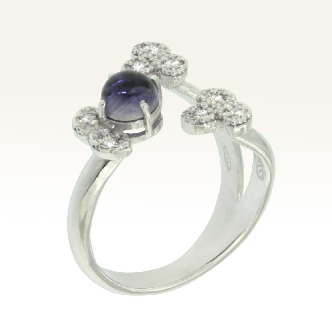 Ring in 1k white gold with Iolite (round cabochon cut, size: 5.00 mm) and Diamonds VS Color G/ H cts 0.08  g.5,50
Fashion and trendy ring made in Italy by Stanoppi Jewellery since 1948

Size of ring: EU 13 - USA 6,5

All Stanoppi Jewelry is new and