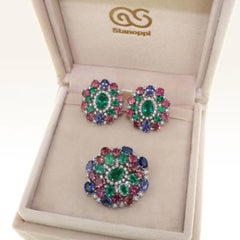18k White Gold with Tanzanite Pink Tourmaline Emeralds Diamonds Elegant Earrings