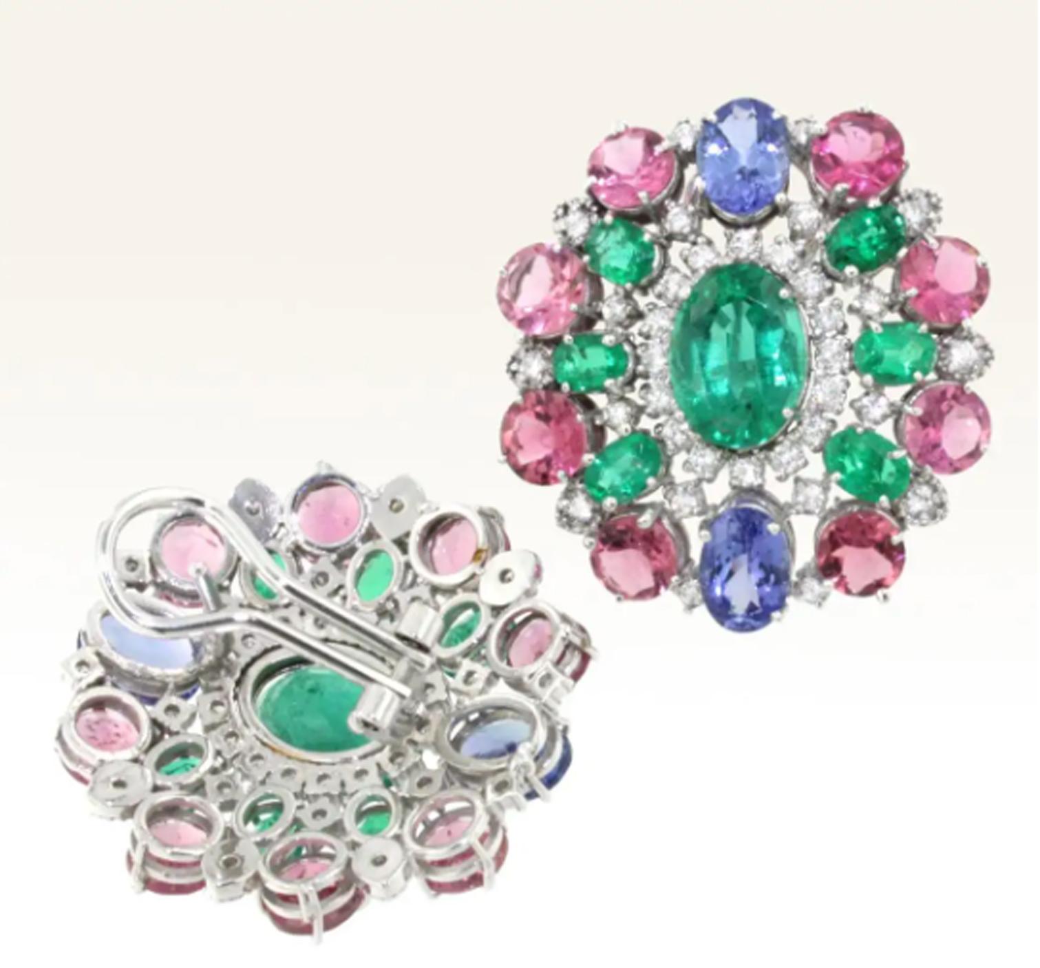 Oval Cut 18k White Gold with Tanzanite Pink Tourmaline, Emeralds, Diamonds Earrings For Sale