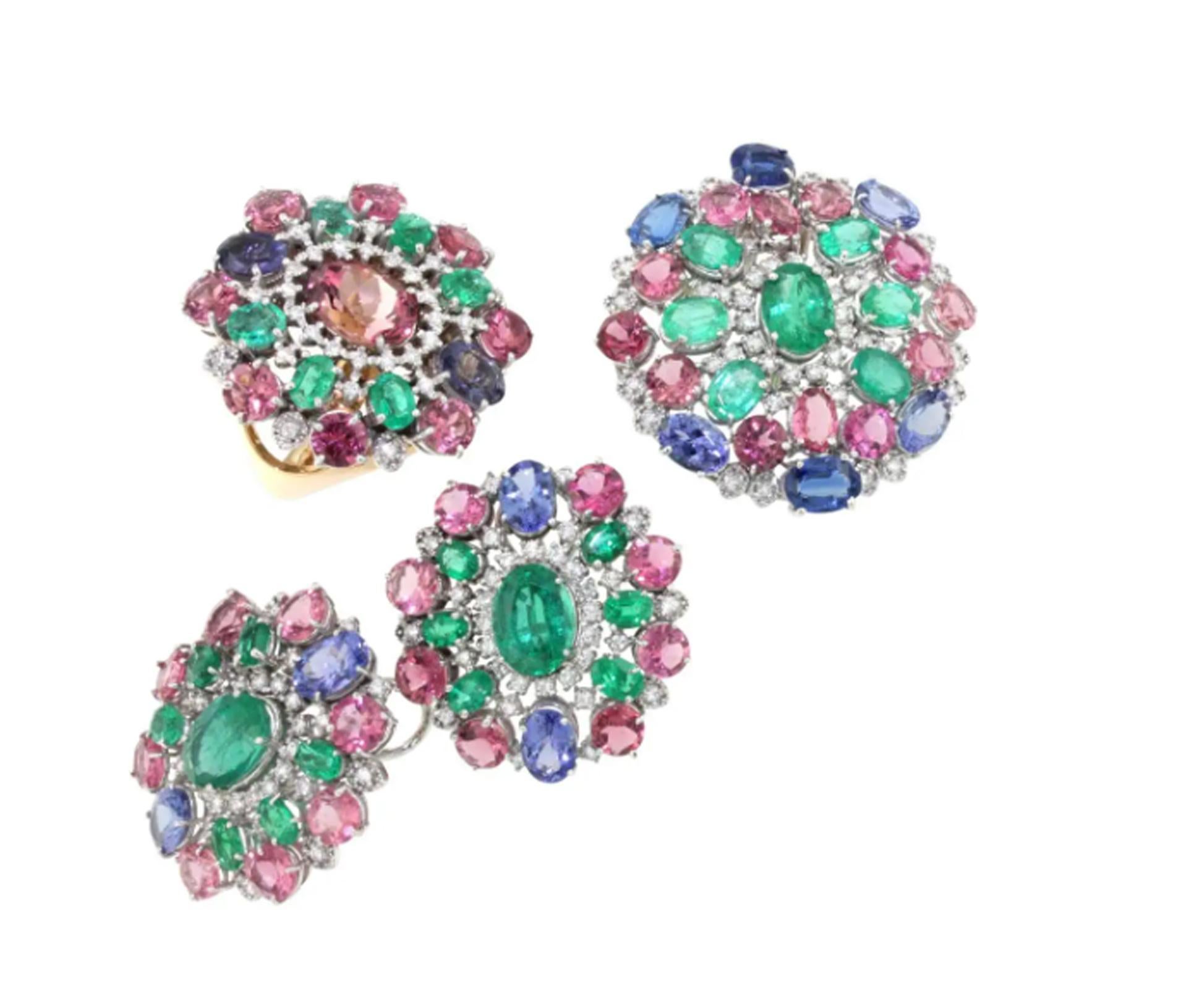 18k White Gold with Tanzanite Pink Tourmaline, Emeralds, Diamonds Earrings In New Condition For Sale In GALLARATE, IT