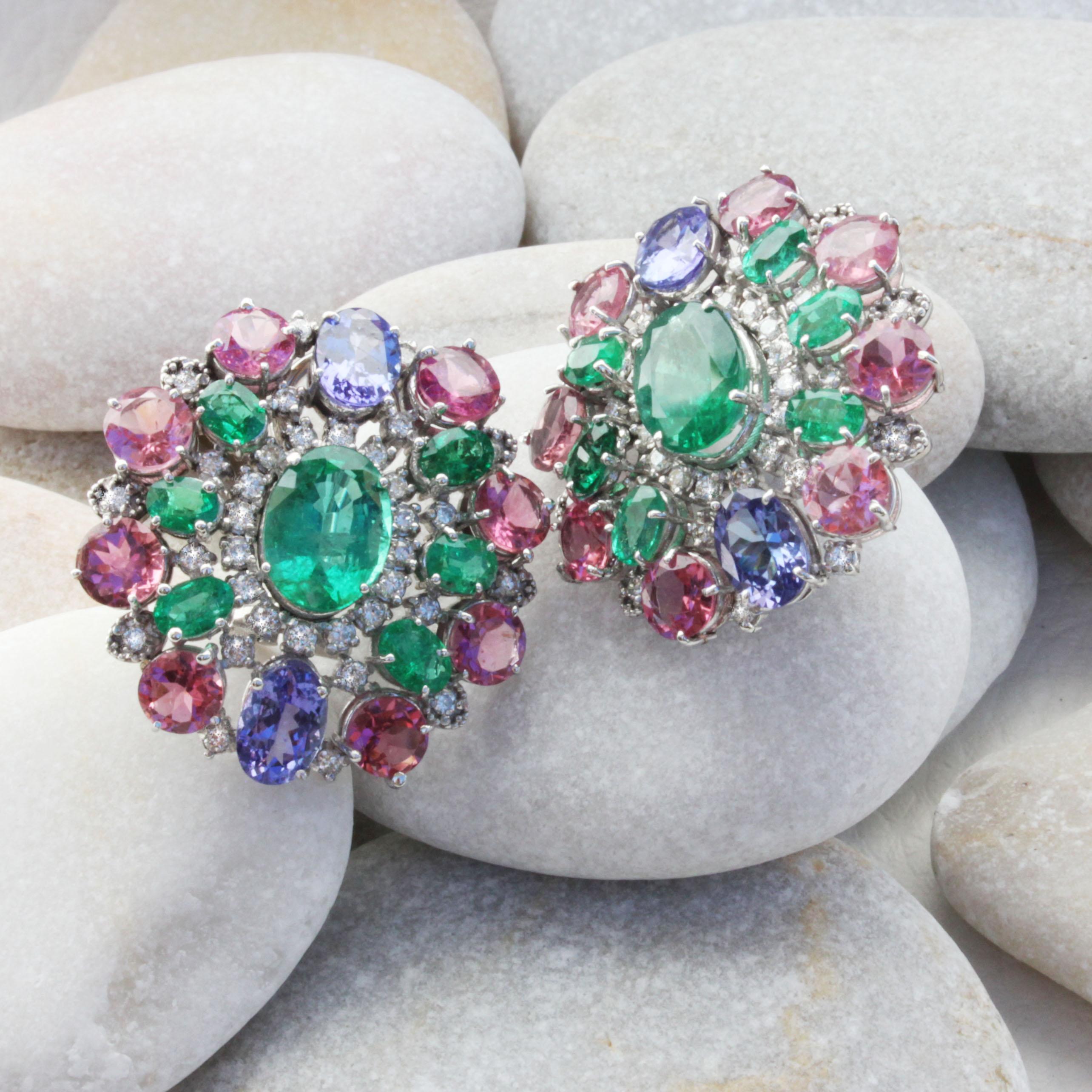 Women's or Men's 18k White Gold with Tanzanite Pink Tourmaline, Emeralds, Diamonds Earrings For Sale