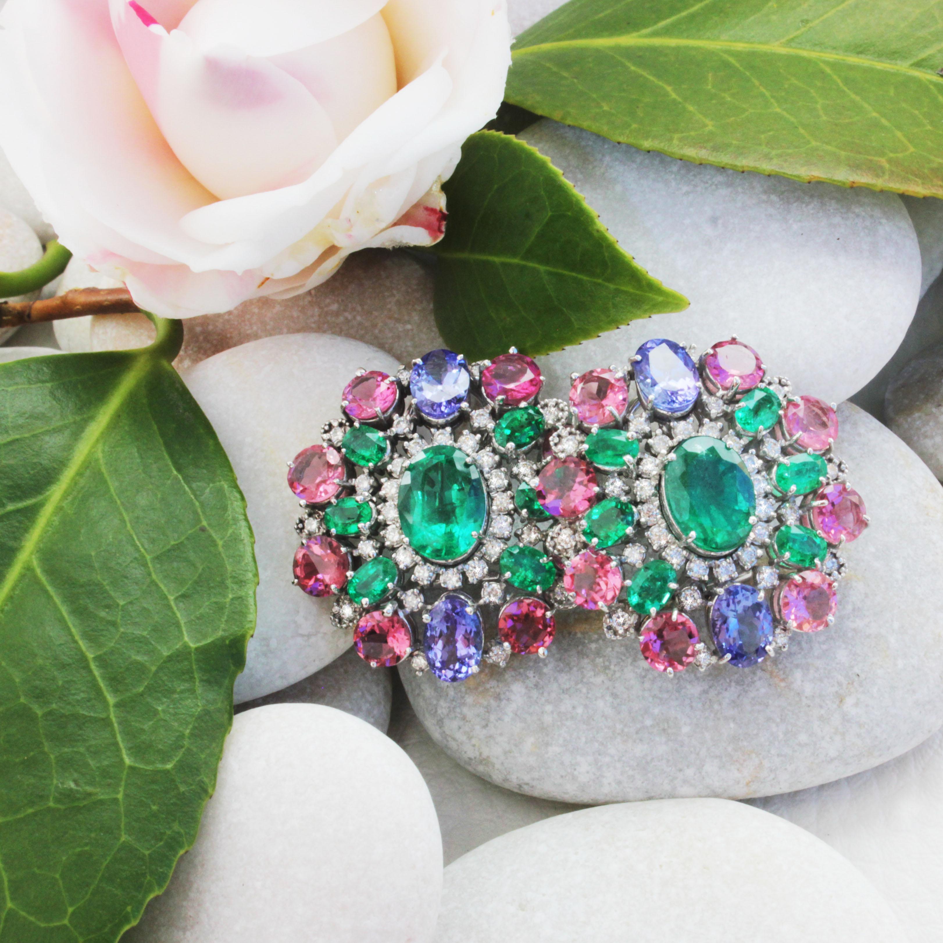 18k White Gold with Tanzanite Pink Tourmaline, Emeralds, Diamonds Earrings For Sale 1