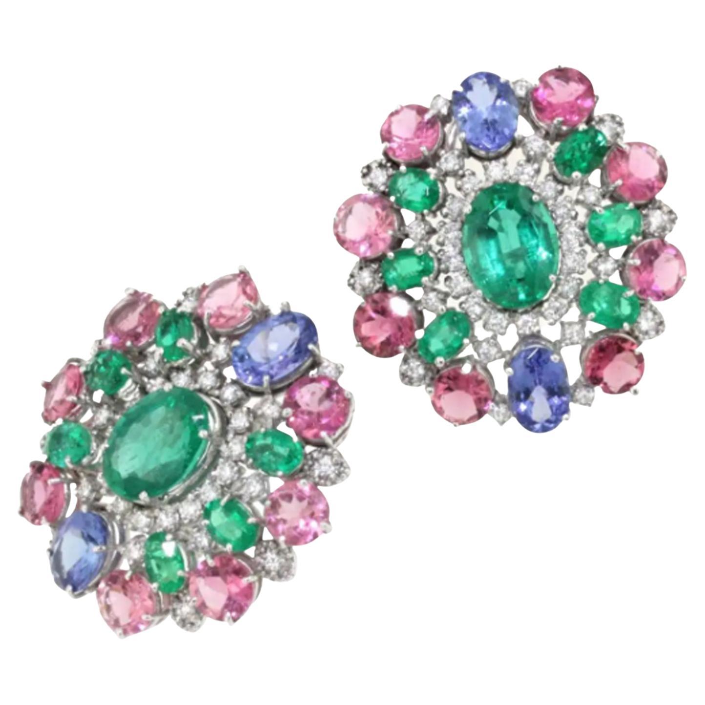 18k White Gold with Tanzanite Pink Tourmaline, Emeralds, Diamonds Earrings For Sale