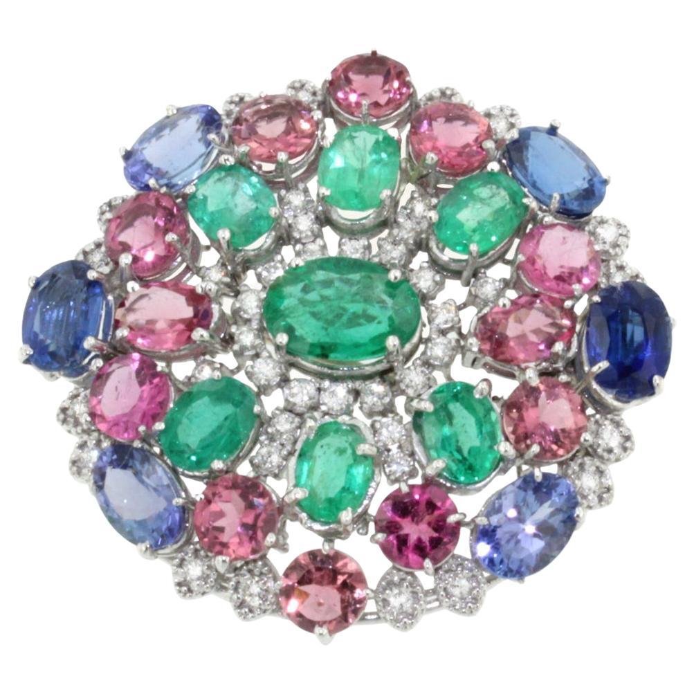 Broche elegante de oro blanco de 18 quilates con tanzanita turmalina rosa esmeraldas diamantes