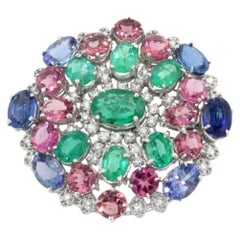 18k White Gold with Tanzanite Pink Tourmaline Emeralds Diamonds Elegant Brooch