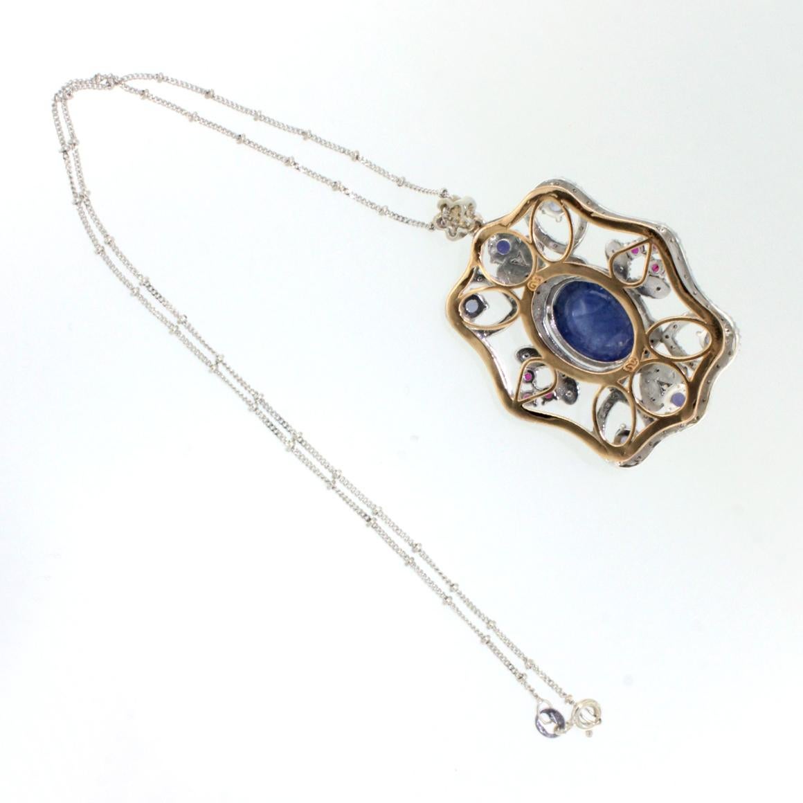 Modern 18k White Gold with Tanzanite Tourmaline and White Diamonds Chain with Pendant For Sale