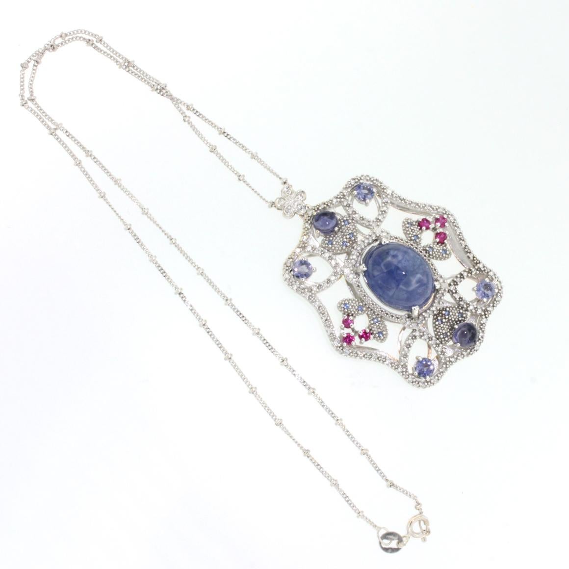 Oval Cut 18k White Gold with Tanzanite Tourmaline and White Diamonds Chain with Pendant For Sale