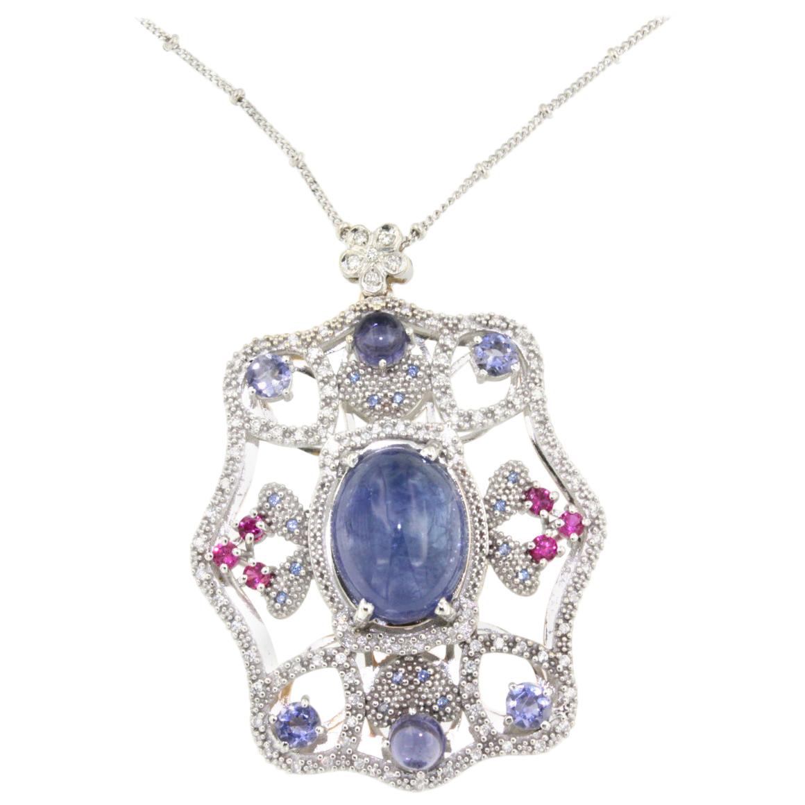 18k White Gold with Tanzanite Tourmaline and White Diamonds Chain with Pendant For Sale