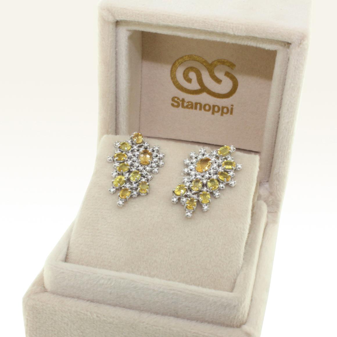 Women's or Men's 18 Karat White Gold with Yellow Sapphire and White Diamond Earrings For Sale