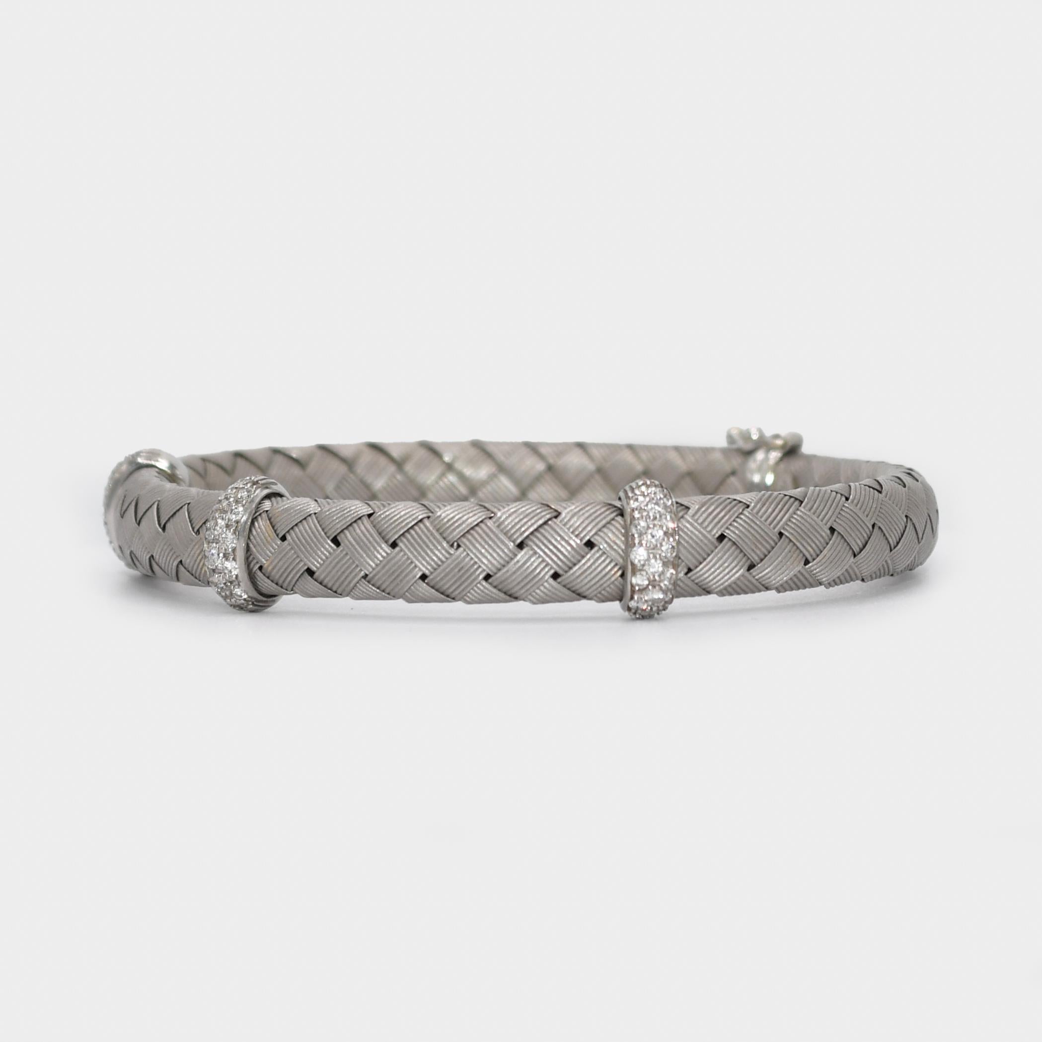 18K White Gold Woven Bracelet with Diamonds and Clasps 26.4g For Sale 1
